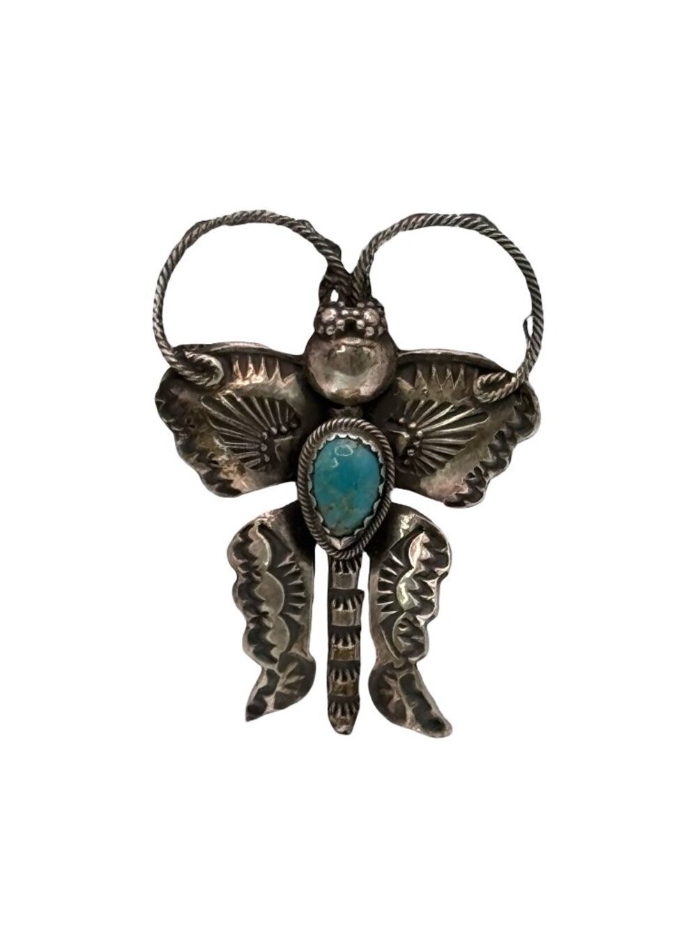 Joe Eby Sterling Silver Butterfly Pin Kingman Turquoise Anglo Spider Mark 2" Vtg
